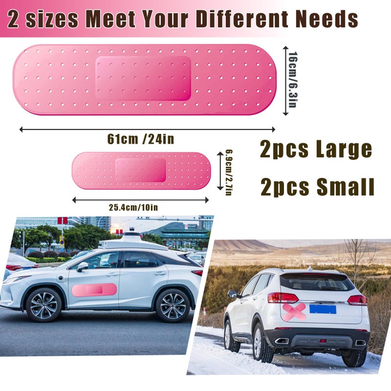 Keromtein 4pcs Funny Car Band Aid Sticker for Car Damage, 10/24in Giant Band Aid Car Decals for Cover Dent Crack and Scratch, Car Bumper Sticker, Large Vehicle Body Bandage (Pink 2pcs Large and 2pcs Small Size) - Image 2