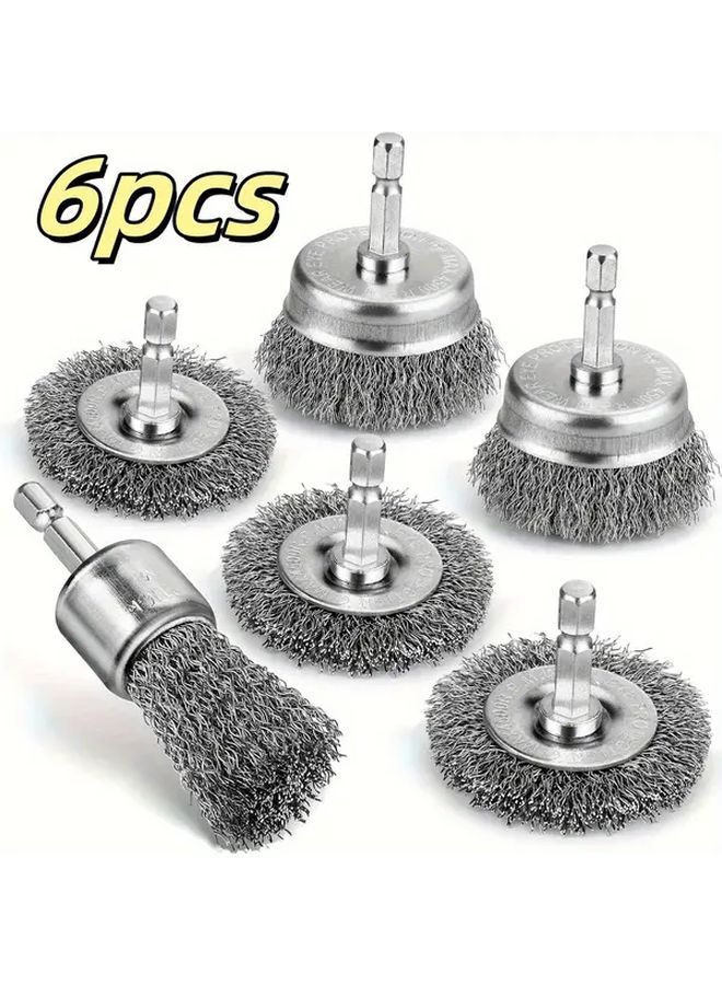 6pcs Silvery Carbon Steel Wire Cup Brush Drill Bit 1 4 Hex Shank Rust Removal - Image 1