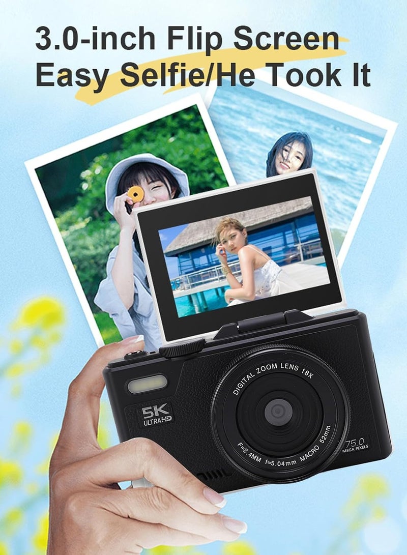 Lecran 5K Digital Camera,  75MP Vlogging Cameras, 18X Autofocus Point and Shoot Digital Camera with 3in 180°Flip Screen, Compact Vlog Travel Camara with 64G TF Card for Photography - Image 2