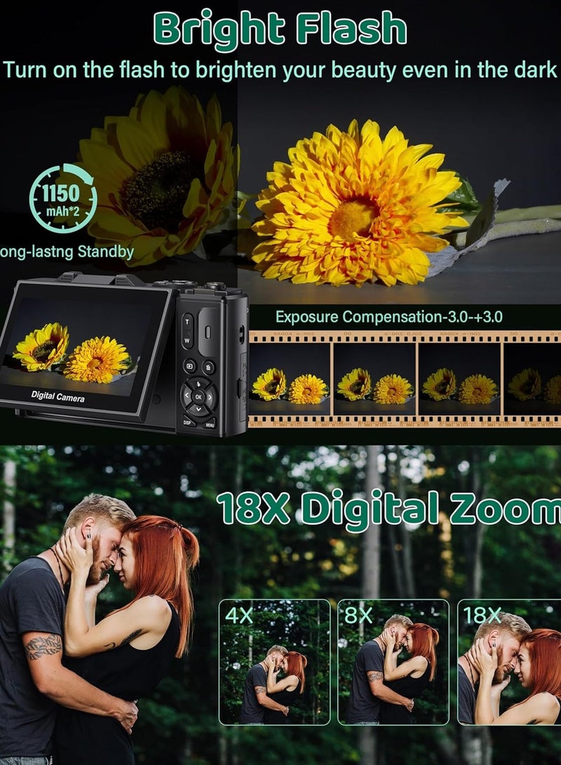 Lecran 5K Digital Camera,  75MP Vlogging Cameras, 18X Autofocus Point and Shoot Digital Camera with 3in 180°Flip Screen, Compact Vlog Travel Camara with 64G TF Card for Photography - Image 3