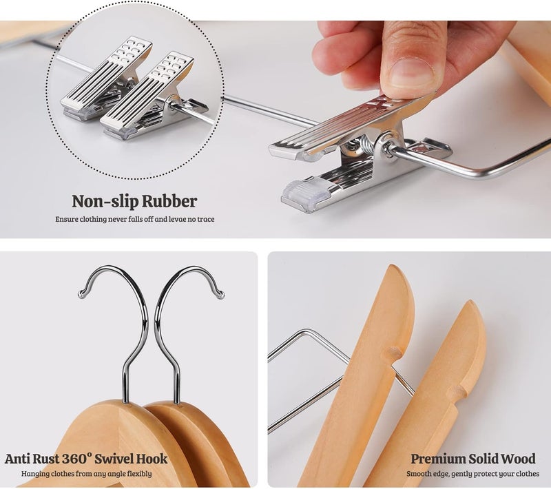 HOUISM HOUSM 16Pack Wooden Skirt Hangers with Clips, Solid Wood Pants Hangers, Natural, Smooth Finish, High-Grade Selected Wood, Sturdy Metal Clips for Blouse, Dress, Coat, Jacket - Image 3