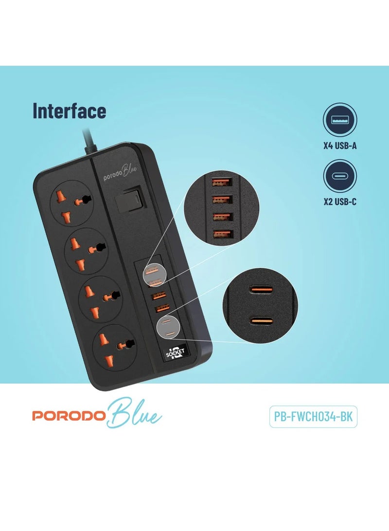 porodo 4 AC Power Socket With X2 USB-C X4 USB-A and Port UK / 3m Wire / Power Switch Control / Safety Shutters - Black - Image 3
