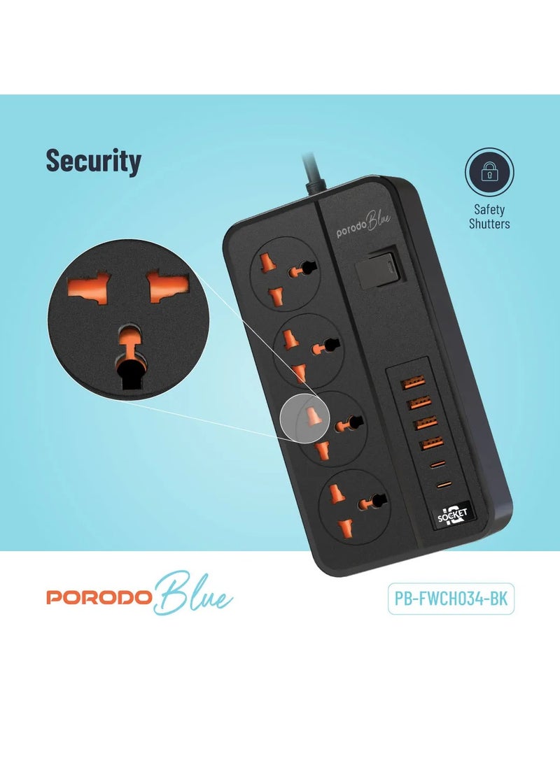 porodo 4 AC Power Socket With X2 USB-C X4 USB-A and Port UK / 3m Wire / Power Switch Control / Safety Shutters - Black - Image 2