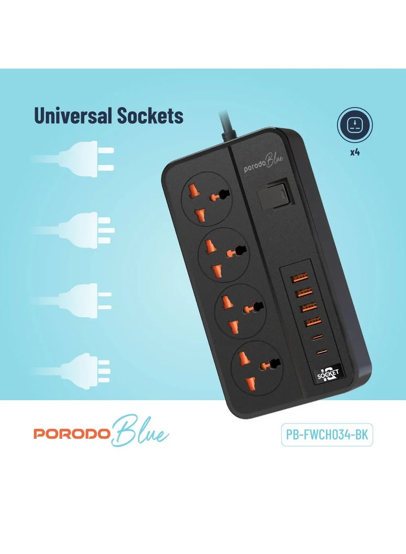porodo 4 AC Power Socket With X2 USB-C X4 USB-A and Port UK / 3m Wire / Power Switch Control / Safety Shutters - Black - Image 4