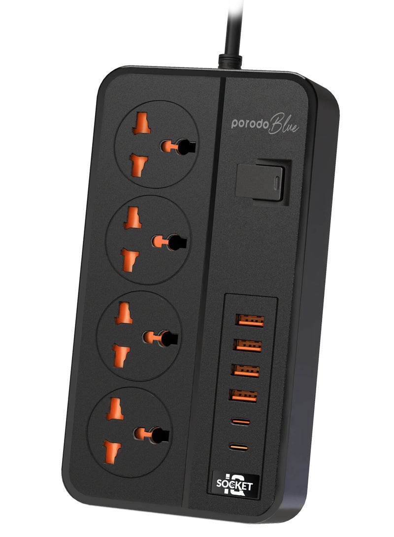 porodo 4 AC Power Socket With X2 USB-C X4 USB-A and Port UK / 3m Wire / Power Switch Control / Safety Shutters - Black - Image 1