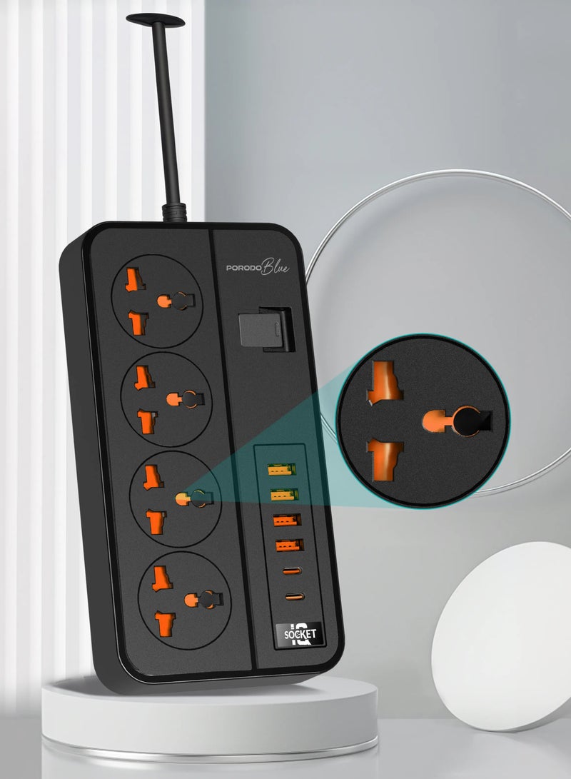 porodo 4 AC Power Socket With X2 USB-C X4 USB-A and Port UK / 3m Wire / Power Switch Control / Safety Shutters - Black - Image 5