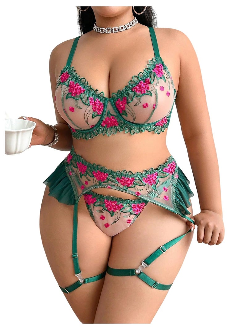 OYOANGLE Women's Plus Size 2 Pieces Lingerie Set Floral Embroidery Underwire Bra and Panty Babydoll Boudoir Outfits Green 4X-Large Plus - Image 1
