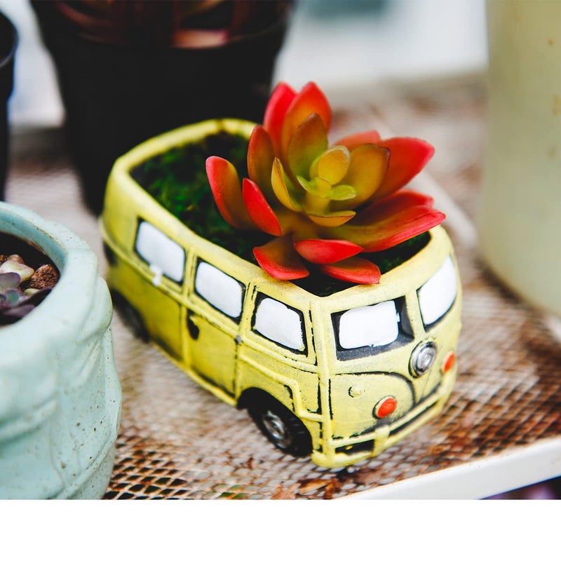 Ascrafter Cute Succulent Plants Planters, Small Planters with Drainage Hole, Flower Pots for Home Indoor Outdoor Garden Decoration (Yellow Bus) - Image 4