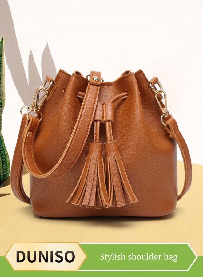Women's Leather Bucket Bag Ladies Tassel Hobo Bag Handbags Shoulder bags Fashion Ladies Crossbody Bag Adjustable Strap Drawstring Tote Handbag for Work Shopping Daily  - Image 1