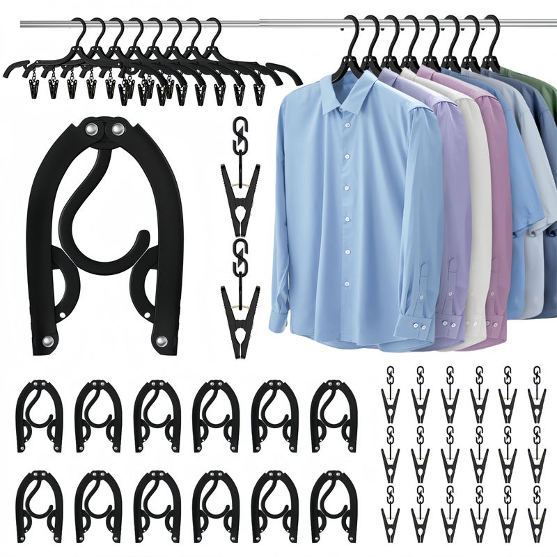 Eunhdet 12Pcs Portable Travel Hangers for Cruise Ship Essentials 2026 with 24 Clips, Plastic Folding Foldable Hangers Clothes Drying Rack Travel Accessories for Suitcase, RV, Camping, Road Trip (Black) - Image 1