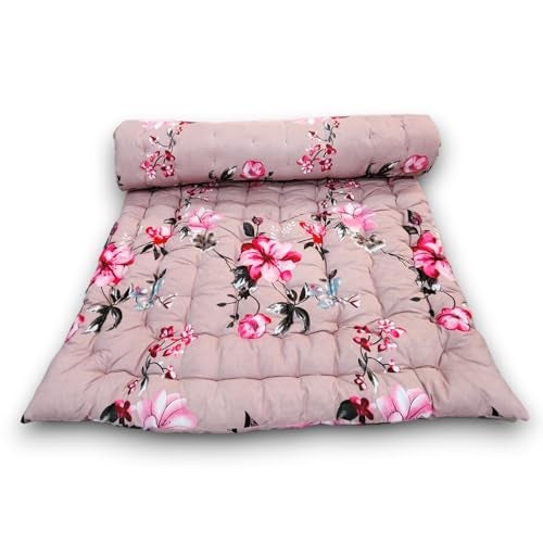 Deevine Craft Floral Floor Cotton Quilt Mattress, 72X72 inch 3D Maroon Quilted Japanese Futon with Rose Pattern, Foldable Rollable Light Weight Sleeping Mat Double Bed Mattress - Image 1