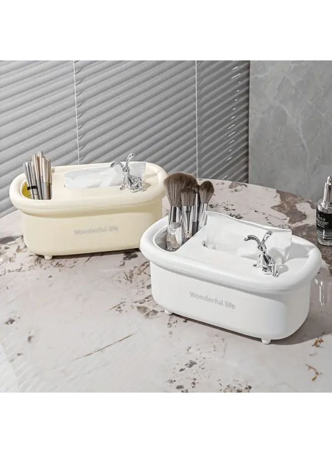 حامل علبة المناديل الأبيض الحديث البسيط مع أقسام مفتوحة لتنظيم طاولة الزينة - Image 1