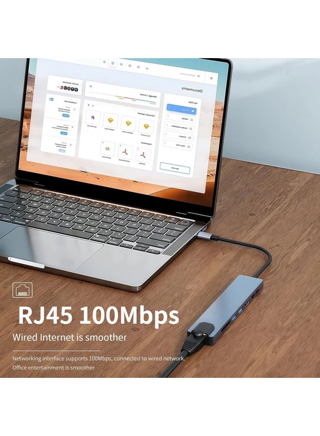 محور USB من النوع C فضي 8 في 1 مع 87W PD و HDMI وإيثرنت و USB 3.0 وقارئ بطاقات SD للكمبيوتر المحمول - Image 2