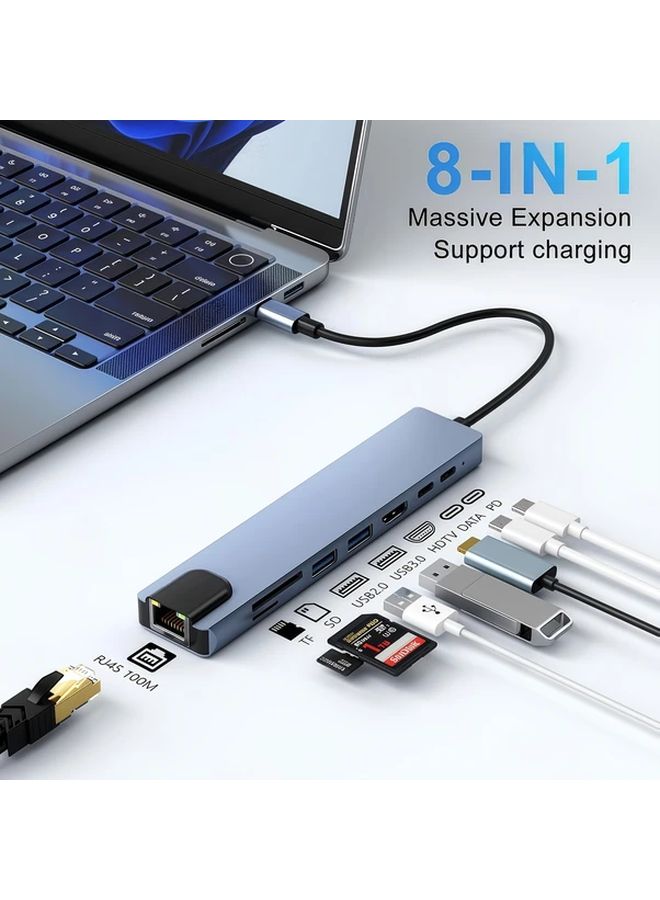 محور USB من النوع C فضي 8 في 1 مع 87W PD و HDMI وإيثرنت و USB 3.0 وقارئ بطاقات SD للكمبيوتر المحمول - Image 1