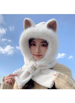Cute Fox Ear Plush Winter Warm Hat Scarf Combo White (pointed ears)