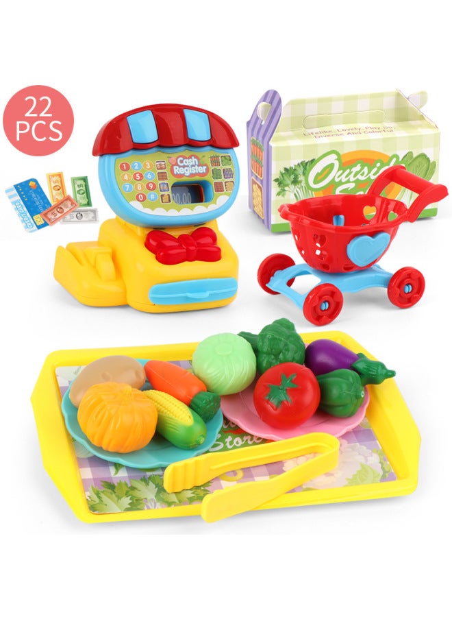 Children's Mini Supermarket Cash Register Pretend Play Toy Set 22-Piece Fruit Shopping Cart Wholesale Tableware
