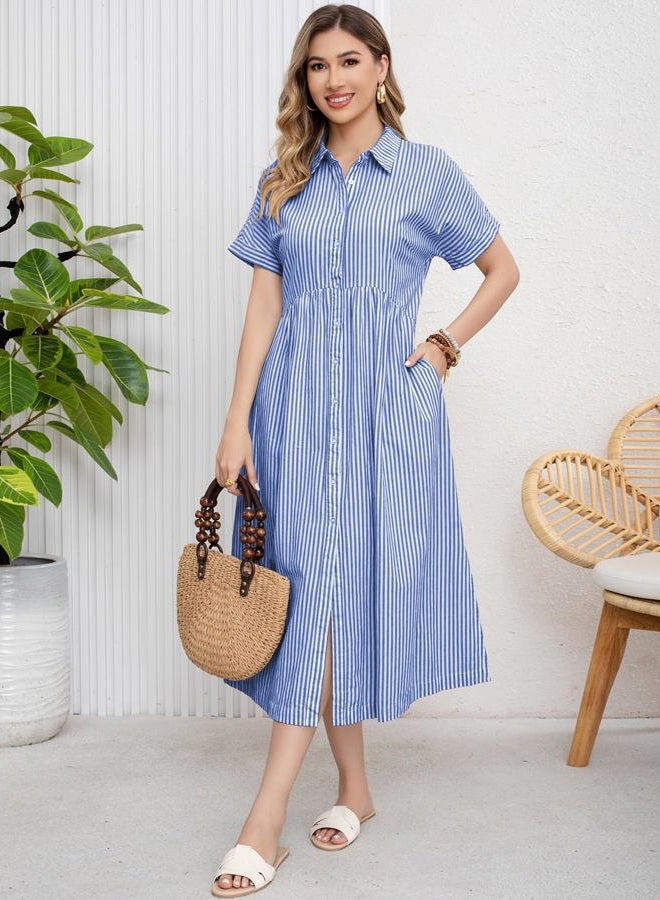 ebossy Women's Boho Striped Shirt Dress Button Up Side Slit Loose Mid Long Cotton Dress with Pockets, Blue, XS - Image 3