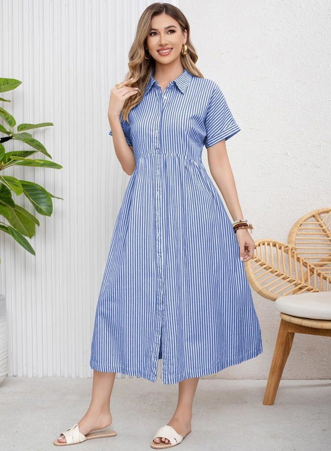 ebossy Women's Boho Striped Shirt Dress Button Up Side Slit Loose Mid Long Cotton Dress with Pockets, Blue, XS - Image 2