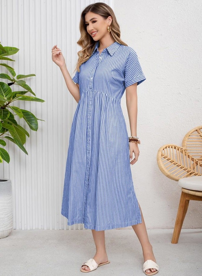 ebossy Women's Boho Striped Shirt Dress Button Up Side Slit Loose Mid Long Cotton Dress with Pockets, Blue, XS - Image 4