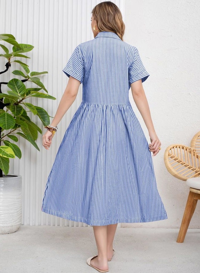 ebossy Women's Boho Striped Shirt Dress Button Up Side Slit Loose Mid Long Cotton Dress with Pockets, Blue, XS - Image 5