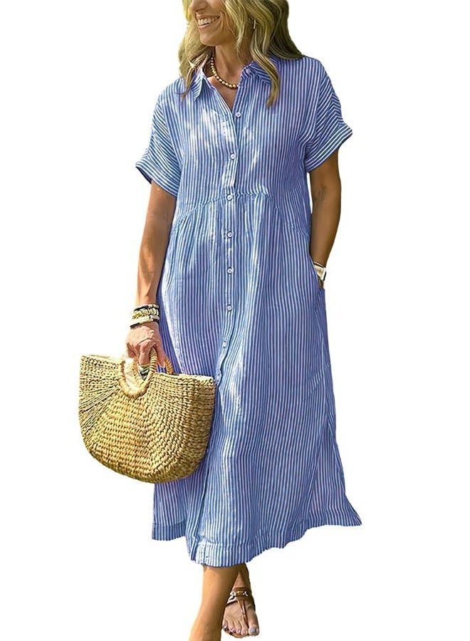 ebossy Women's Boho Striped Shirt Dress Button Up Side Slit Loose Mid Long Cotton Dress with Pockets, Blue, XS - Image 1