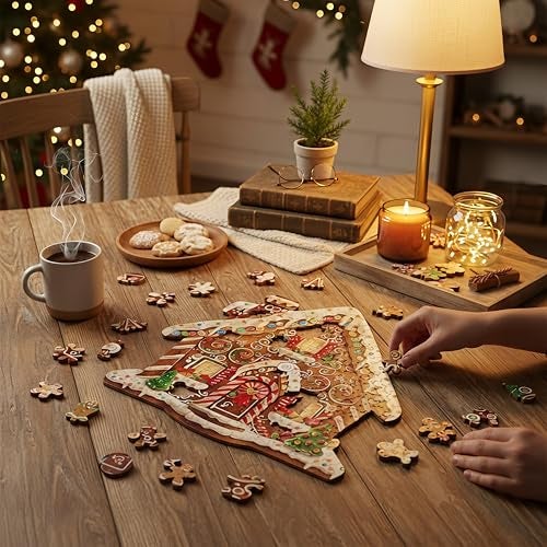 Jollitot Wooden Puzzles Adults Christmas Gingerbread House Wooden Puzzles 100 Pieces Unique Animal Shaped Wood Challenging Jigsaw Puzzles Gifts for Adults 84x83in - Image 5