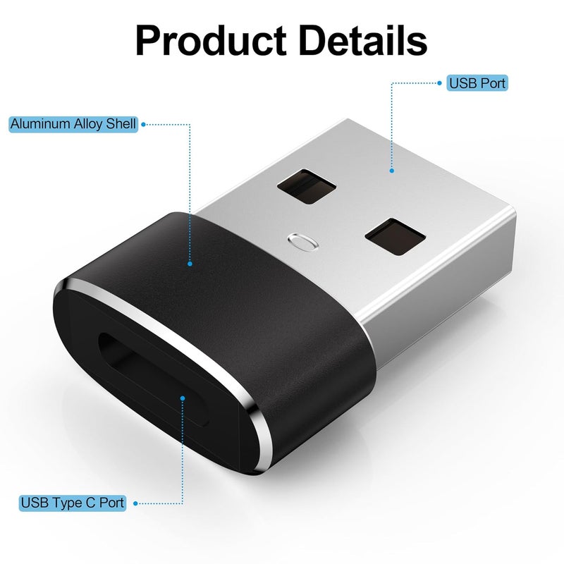 Tobfit Tobfit USB to USB C Adapter 2Pack,for Phone 16 16e 15 Car Charger Plug,Type C Female to A Male Cable Block Converter for Phone 14 13 Pro Max Plus,Airpod 4,iPad mini 7,iWatch 10,Galaxy S25 (Black) - Image 2