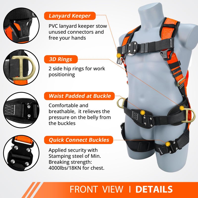TT TRSMIMA TRSMIMA Safety Harness Fall Protection - Roofing Harness Kit Men Full Body Construction Harness with Lanyard for Work Upgrade 4 Quick Buckles Orange - Image 2