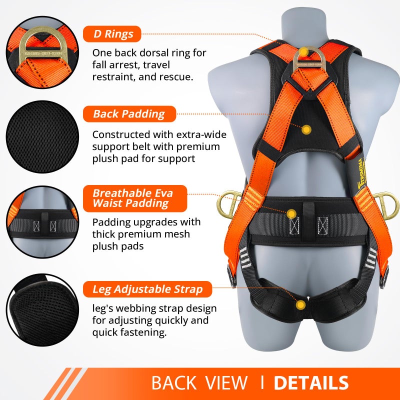 TT TRSMIMA TRSMIMA Safety Harness Fall Protection - Roofing Harness Kit Men Full Body Construction Harness with Lanyard for Work Upgrade 4 Quick Buckles Orange - Image 3