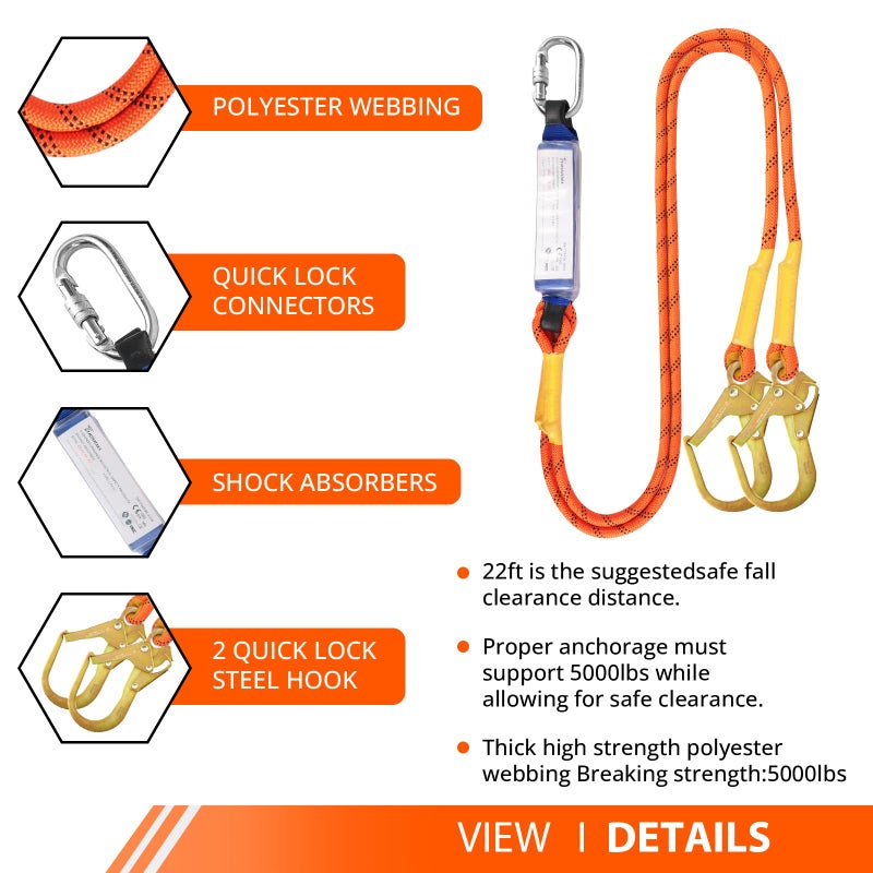 TT TRSMIMA TRSMIMA Safety Harness Fall Protection - Roofing Harness Kit Men Full Body Construction Harness with Lanyard for Work Upgrade 4 Quick Buckles Orange - Image 4