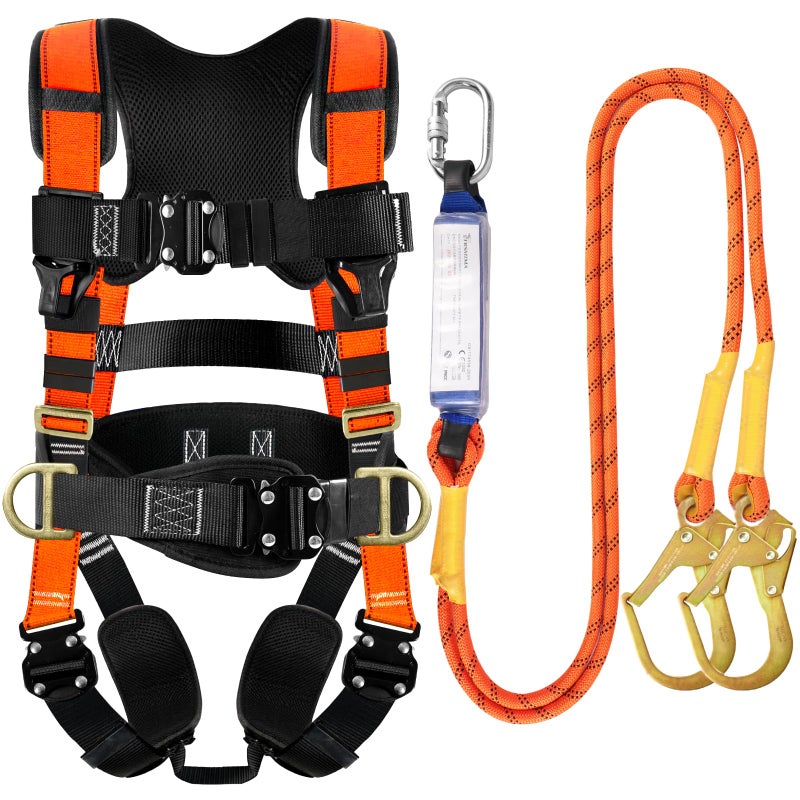 TT TRSMIMA TRSMIMA Safety Harness Fall Protection - Roofing Harness Kit Men Full Body Construction Harness with Lanyard for Work Upgrade 4 Quick Buckles Orange - Image 1