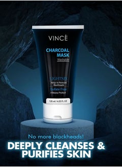 VINCE Charcoal Face Mask – Deeply Cleanses Pores, Removes Dirt, Impurities & Blackheads – Reduces Dead Skin Cells & Reveals a Glowing Complexion – Sulfate-Free – Washable, 120ml  - Image 2