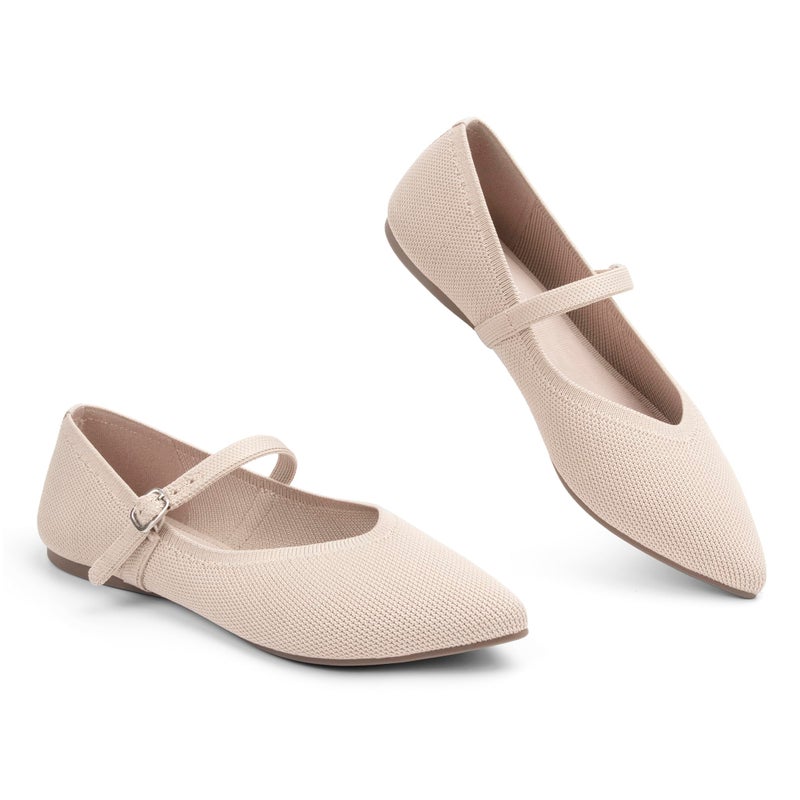 AprCoco Flats for Women Knit Pointed Toe Ballet Flat with Ankle Strap Casual Womens Shoes Comfort Soft Walking Office,Size 08ï¼ŒAlmond - Image 5