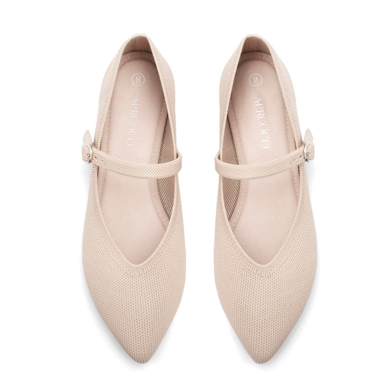 AprCoco Flats for Women Knit Pointed Toe Ballet Flat with Ankle Strap Casual Womens Shoes Comfort Soft Walking Office,Size 08ï¼ŒAlmond - Image 1