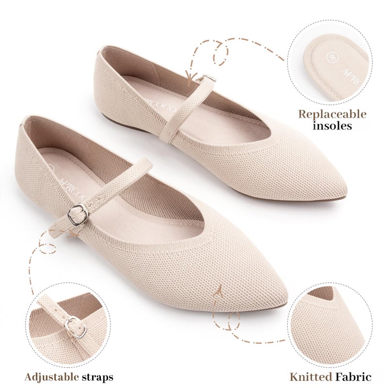 AprCoco Flats for Women Knit Pointed Toe Ballet Flat with Ankle Strap Casual Womens Shoes Comfort Soft Walking Office,Size 08ï¼ŒAlmond - Image 3