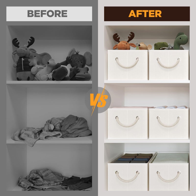 COYACOOL Closet Storage Bins, Linen Closet Organizers and Storage Basket for Shelves, Collapsible Shelf Baskets for Organizing Shelves, Bedroom Clothes Basket, Beige, 3 Pack - Image 4