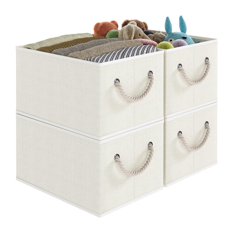 COYACOOL Closet Storage Bins, Linen Closet Organizers and Storage Basket for Shelves, Collapsible Shelf Baskets for Organizing Shelves, Bedroom Clothes Basket, Beige, 3 Pack - Image 1