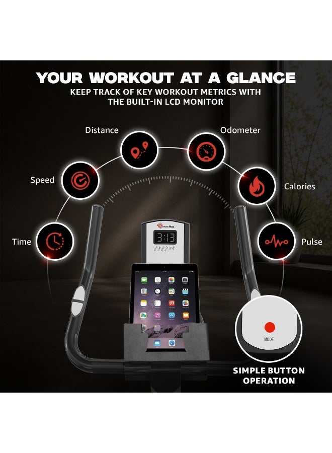 PowerMax Fitness BS-125 Spin Exercise Bike for Home use, 16mm 7Kg Flywheel, Max User Weight 130kg, LCD Display, 2pc Crank, Heart Rate Sensor, Knob Braking, Adjustable Foot Strap and seat, iPad Holder - Image 3