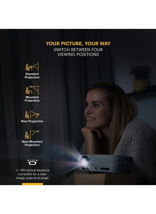 FLIK X4 Home Projector | 4.0 LCD Compact Home Theater System Projects Up to 150” with 1080p Compatibility & Bright Lumen LED Lamp | VGA/AV/HDMI/USB/TF Inputs | Remote, Tripod & Carry Case