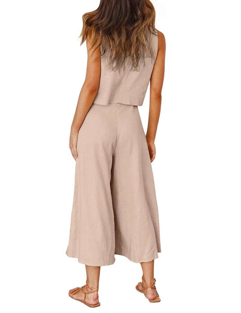 ROYLAMP Women's Summer 2 Piece Outfits Round neck Crop Basic Top Cropped Wide Leg pants Set Beach Jumpsuits Apricot M - Image 4