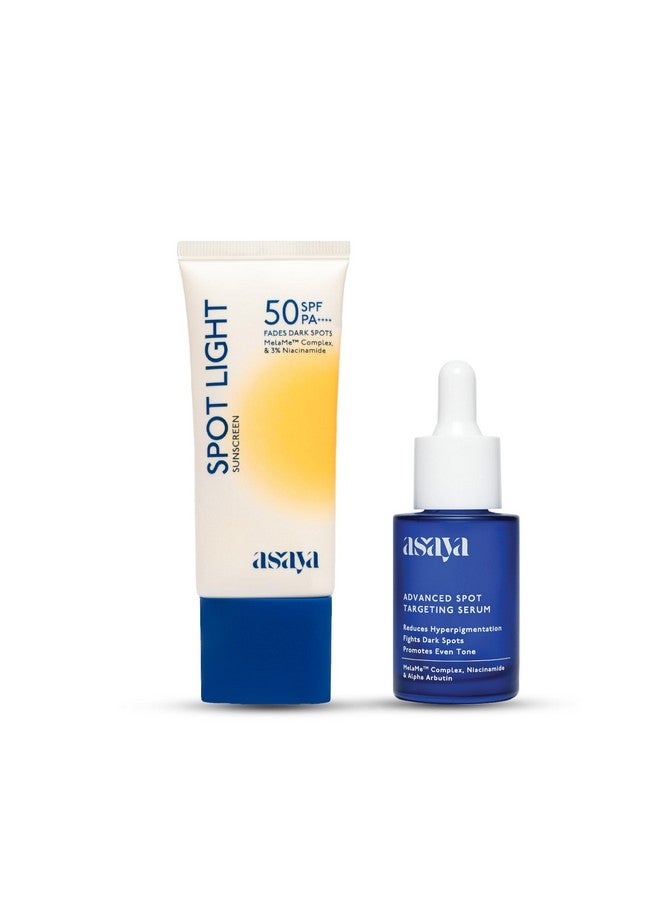 واقي شمس أسايا سبوت لايت SPF 50 وسيروم تصبغ متقدم (عبوة من 2) | حماية من UVA/UVB والضوء الأزرق | يقلل من البقع الداكنة، علامات حب الشباب والتصبغ المفرط | مركب ميلا مي™، نياسيناميد وألفا أربوتين | خفيف الوزن، سريع الامتصاص ولا يترك أثر أبيض | مناسب للبشرة الدهنية، الجافة والحساسة | 50 مل و30 مل