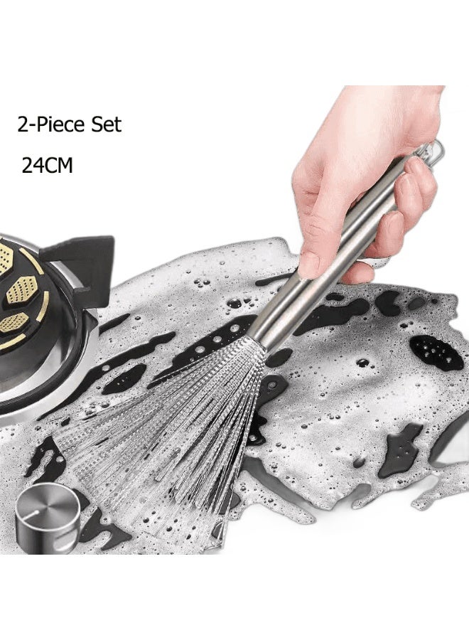 2 قطعة الفولاذ المقاوم للصدأ وعاء فرشاة تنظيف فرشاة, مطبخ متعدد الوظائف سلك الصلب المحدد فرشاة وعاء فرشاة, لا ضرر للوعاء, لا تساقط الشعر فرشاة تنظيف 24 سم - Image 1