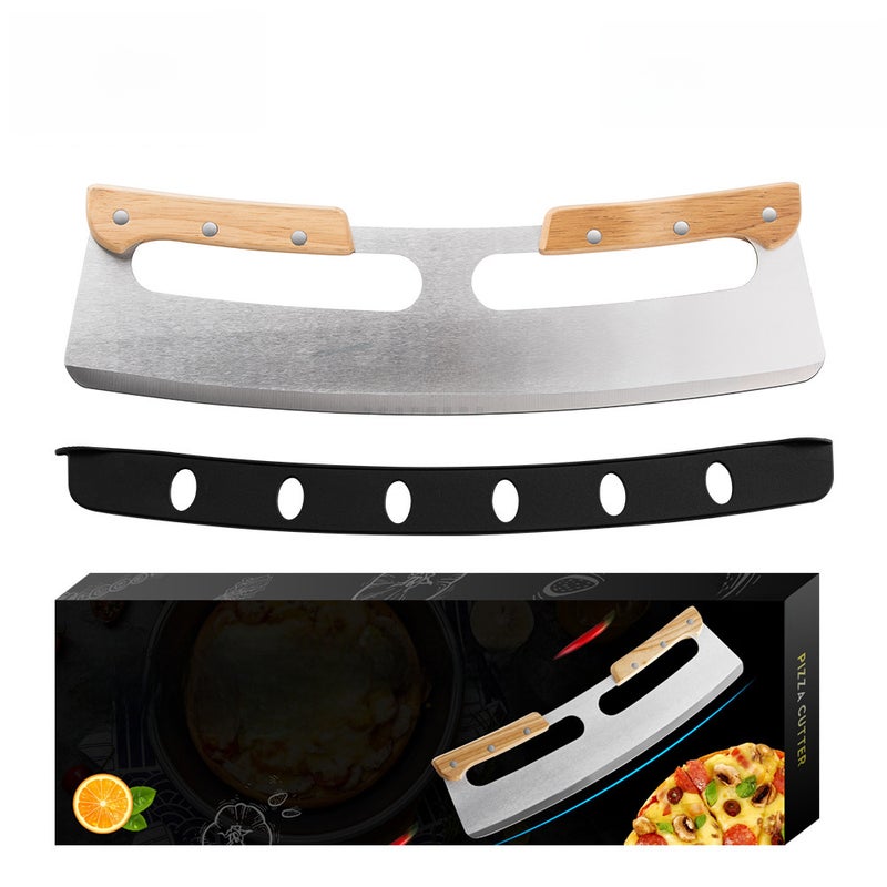 Upgrade double handle pizza cutter wooden handle semicircle Pizza Rock knife stainless steel pizza cutter brand new protective cover(Double handle cutter + new knife sleeve) - Image 2