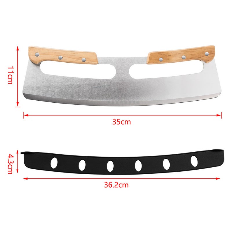 Upgrade double handle pizza cutter wooden handle semicircle Pizza Rock knife stainless steel pizza cutter brand new protective cover(Double handle cutter + new knife sleeve) - Image 1