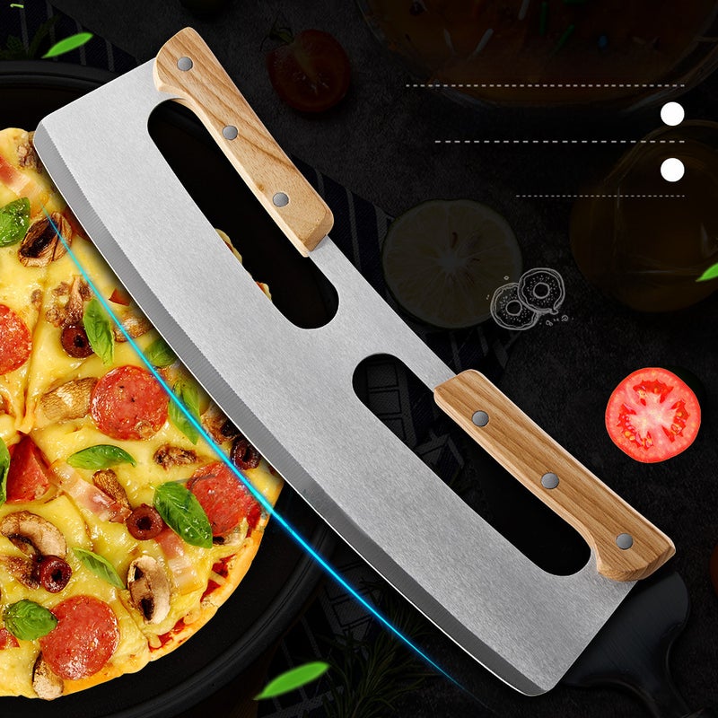 Upgrade double handle pizza cutter wooden handle semicircle Pizza Rock knife stainless steel pizza cutter brand new protective cover(Double handle cutter + new knife sleeve) - Image 5