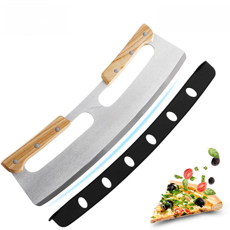 Upgrade double handle pizza cutter wooden handle semicircle Pizza Rock knife stainless steel pizza cutter brand new protective cover(Double handle cutter + new knife sleeve) - Image 3