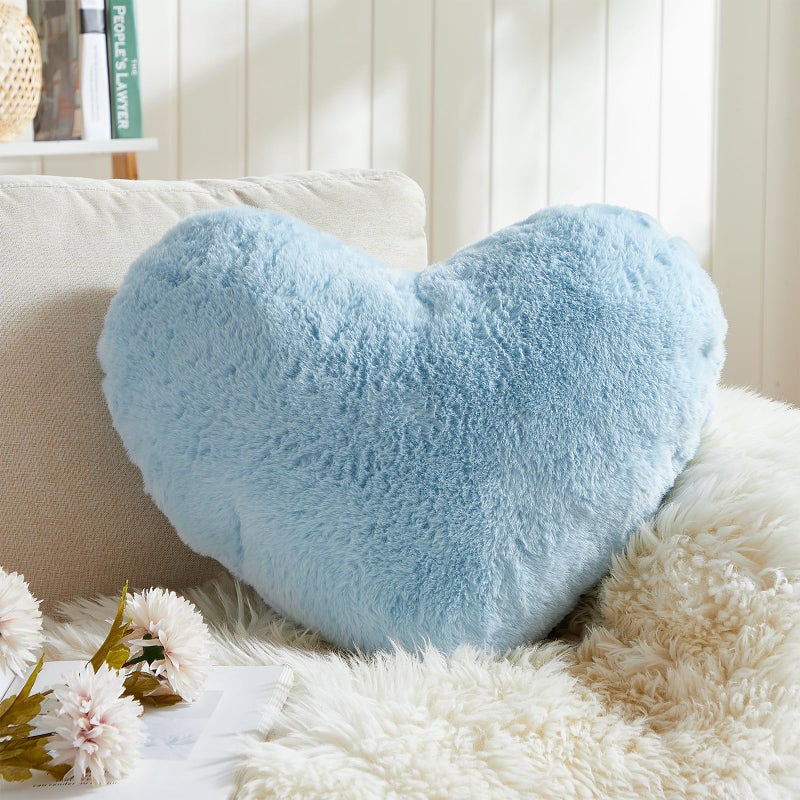 EastTree Heart Pillows, Light Blue Heart Shaped Pillows, Love Throw Pillows Gifts, Ultra Soft Faux Rabbit Fur Small Cute Pillows, Women Girls Kid Room Decor 10x13 Inch - Image 1