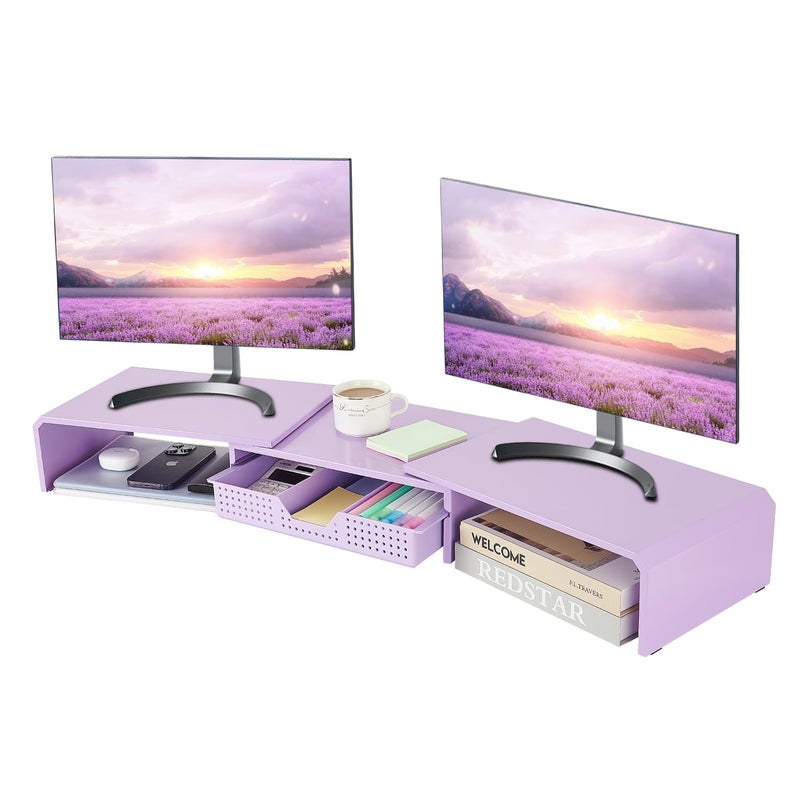 LEKETREE Dual Monitor Stand Riser with Drawer, Desk Organizer and Accessories, Metal Laptop Stand for Desk, Workspace Desktop Stand for Computer, Laptop, TV and More (Purple) - Image 1