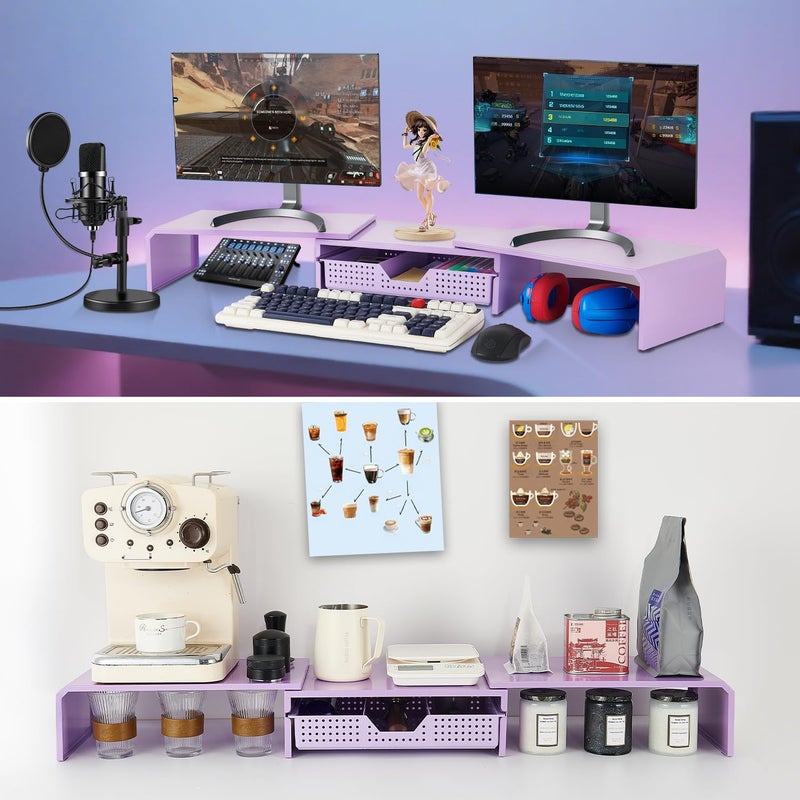 LEKETREE Dual Monitor Stand Riser with Drawer, Desk Organizer and Accessories, Metal Laptop Stand for Desk, Workspace Desktop Stand for Computer, Laptop, TV and More (Purple) - Image 4