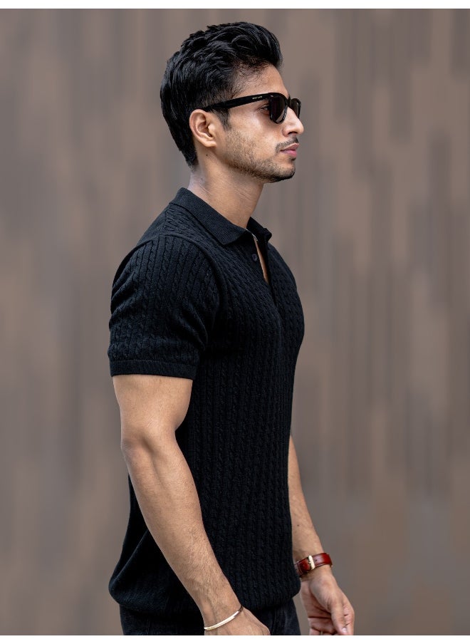Maniac Maniac Men Half Sleeve Black Ripple Knit Slim Polo T-Shirt  - Image 5
